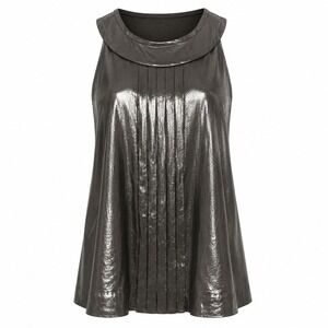 J.Crew Metallic Silk Tank Top Womens 2 Silver Excellent Pleated Roll Collar
